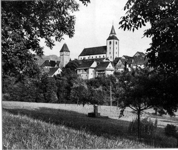 Gernsbach, Blick vom Ziegelbachtal auf die Stadtkirche und den Storchenturm
