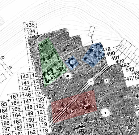 Als Ergebnis der geomagnetischen Untersuchungen auf der Heuneburg kommen deutlich Hausgrundrisse zum Vorschein