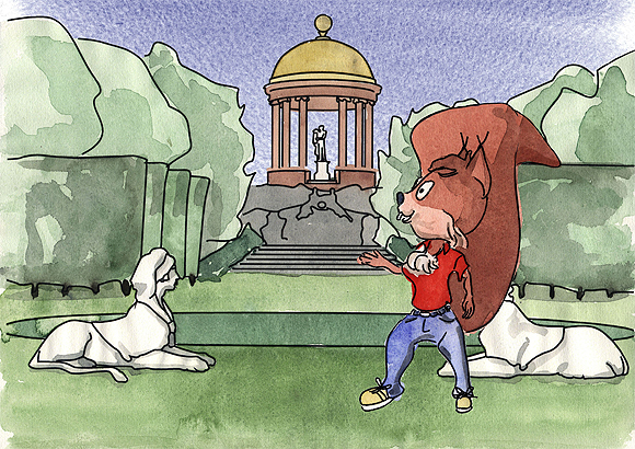 Maskottchen Carli vor dem  Apollotempel im Schwetzinger Schlossgarten. Bild: ssg