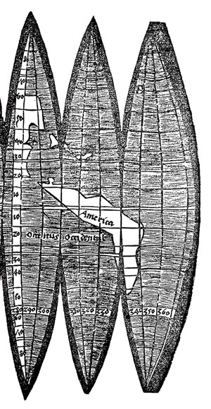 Waldseemüller-Karte 1507 mit der ersten Erwähnung des amerikanischen Kontinents. Foto: Museum Ritterhaus, Offenburg. Detail: Der Kontinent Amerika