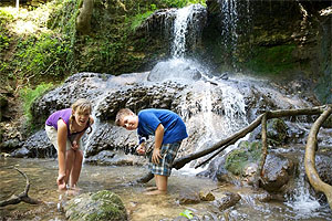 Der Mühlbach bei Tengen ergießt sich in mehreren Fallstufen durch die enge Schlucht. Sie kann auch auf einem leichten Rundweg besucht werden. Bild: REGIO Bodensee-Konstanz-Hegau e.V., Ulrike Klumpp
