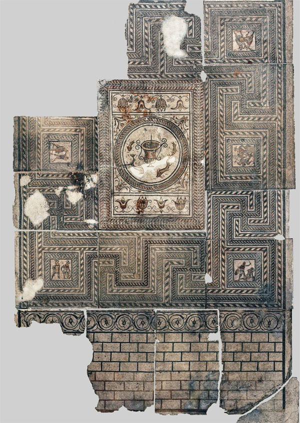 Augusta Raurica: Das grosse Gladiatorenmosaik (6.55 x 9.80 m). Es war 1961 in einer herrschaftlichen Villa gefunden worden. Fotomontage: Ursi Schild. © Augusta Raurica