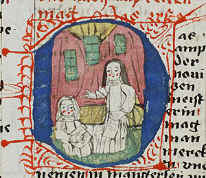 Initiale: Darstellung der Novizenmeisterin im Leipziger Exemplar des Ämterbuches von Johannes Meyer (Universitätsbibliothek Leipzig, MS 1548, fol. 60r)