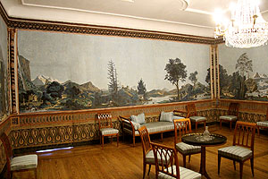 Schloss Schwetzingen, Schweizer Tapete im Appartement der Reichsgräfin von Hochberg im 2. Obergeschoss.