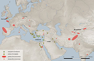 Zinnlagerstätten und Zinnfunde im östlichen Mittelmeerraum, mittlere und späte Bronzezeit. Karte: Daniel Berger / CEZA