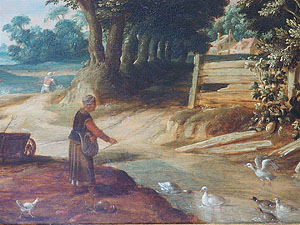 Johannes Urselincx: Holländische Landschaft mit einer Bäuerin, die Enten füttert. Öl auf Holz, 27,5 x 37,5cm. Detailansicht.
