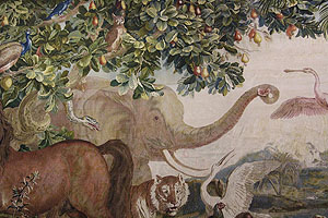 Schloss Mannheim, Tapisserie der Neu-Indien-Serie mit Elefant und Tiger. Foto: kulturer.be
