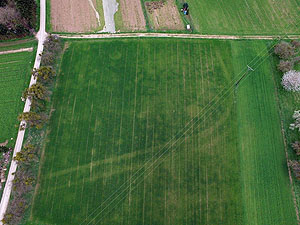 Zwei parallel verlaiufende Spuren in einem Feld sehen aus wie Traktorspuren