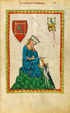 Codex Manesse, Cod. Pal. gern 848, Große Heidelberger Liederhandschrift, S. 124r: Herr Walther von der Vogelweide. UB Heidelberg/PD